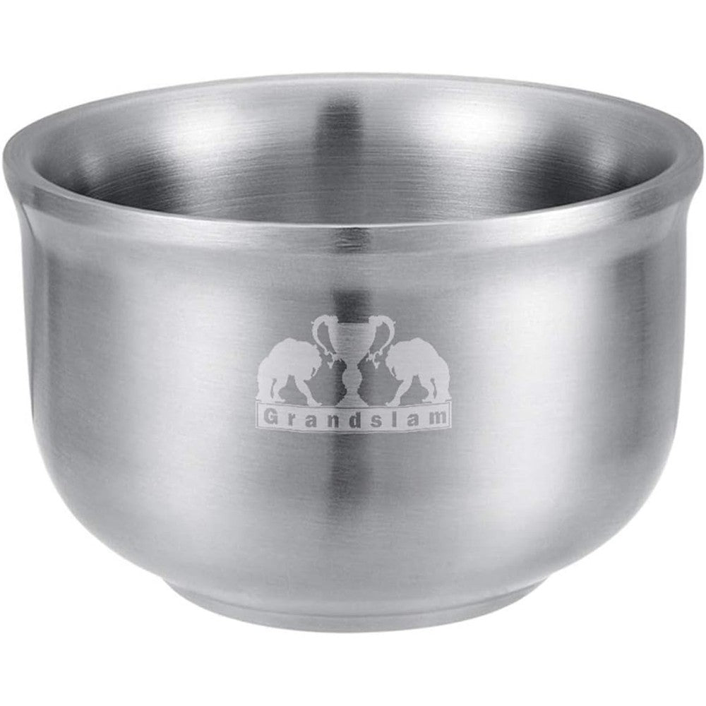 Grandslam shaving soap bowl front view highlighting heavy duty stainless steel design.