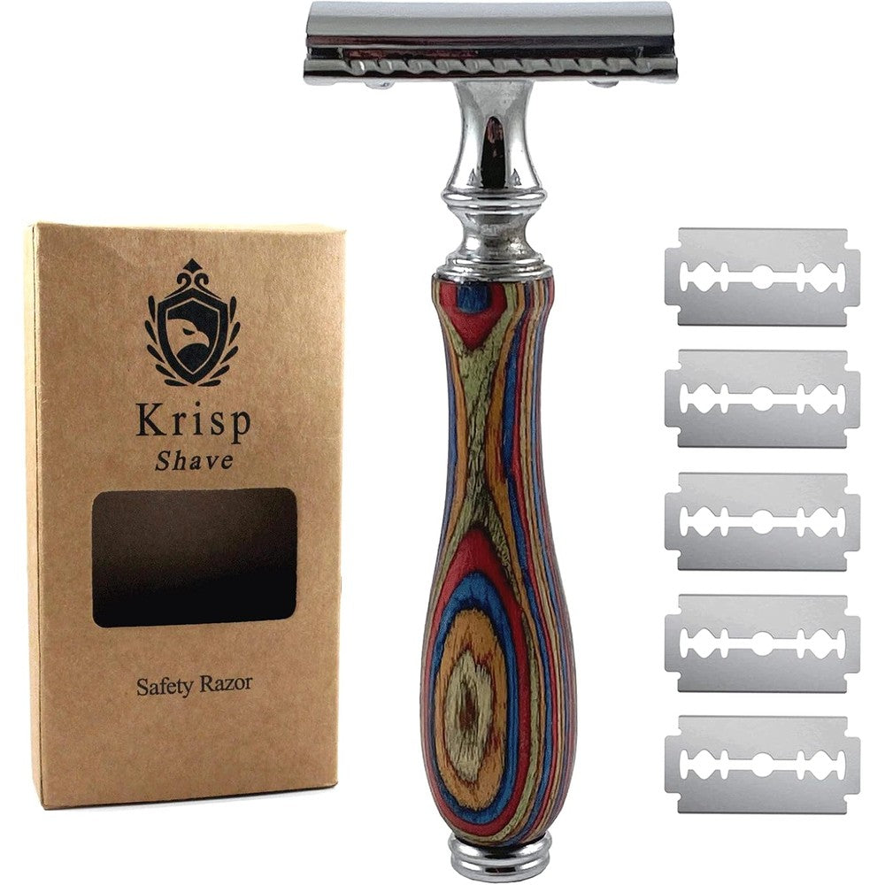Krisp Shave long wood handle safety razor front view showing multicolored handle