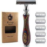 Krisp Shave long wood handle safety razor front view showing multicolored handle