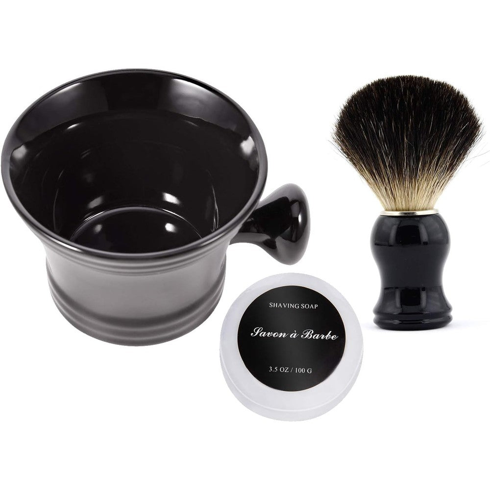 Grandslam ceramic shaving soap bowl kit for men front view showing black mug and brush.