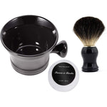 Grandslam ceramic shaving soap bowl kit for men front view showing black mug and brush.