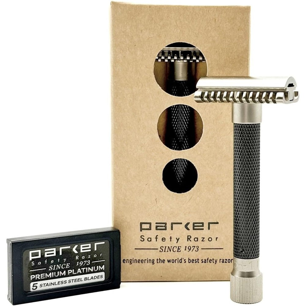 Parker Safety Razor The Variant Open Comb adjustable razor front view showing the graphite gray knurled handle.
