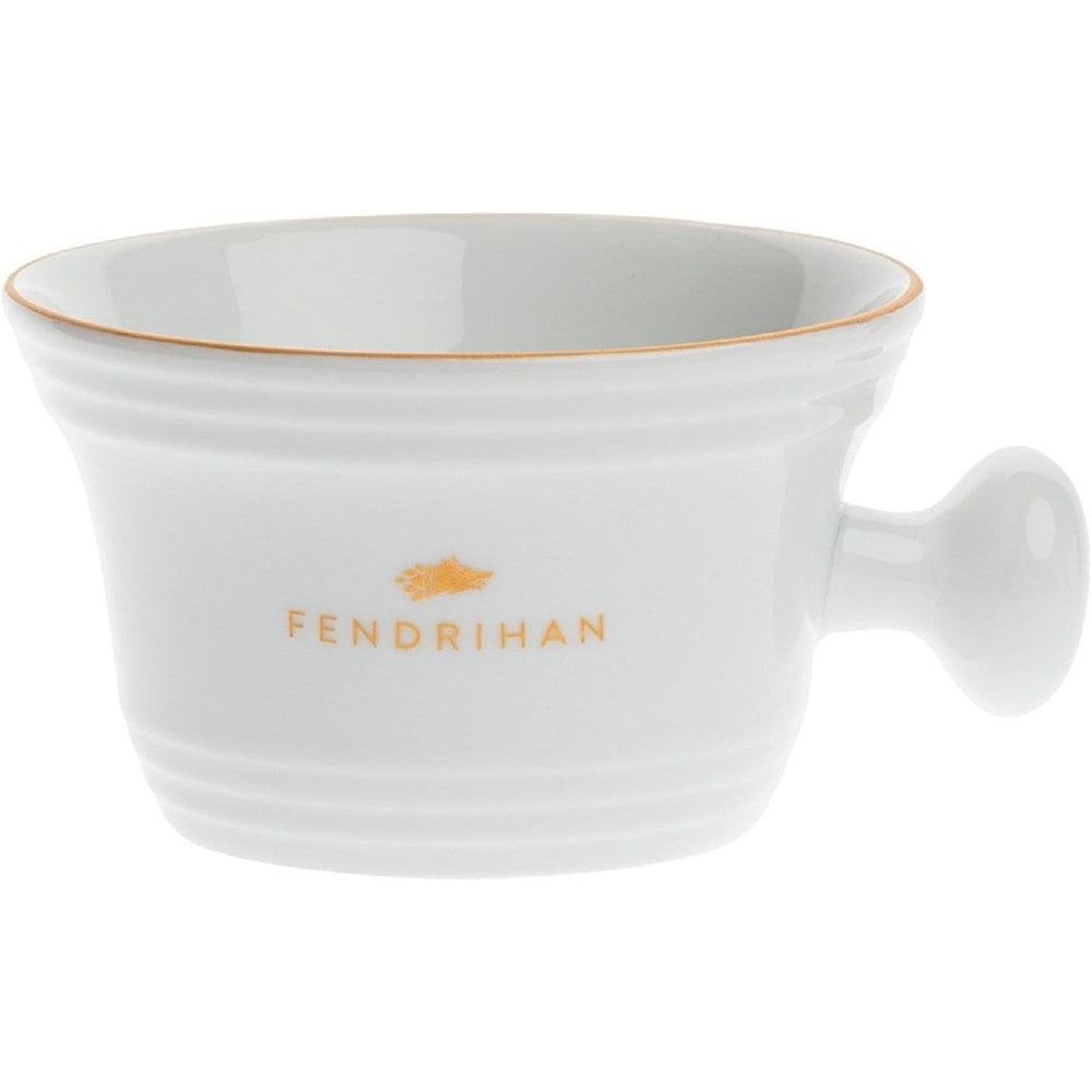 Fendrihan Porcelain Apothecary Shaving Mug front view featuring golden hand painted rim and emblem