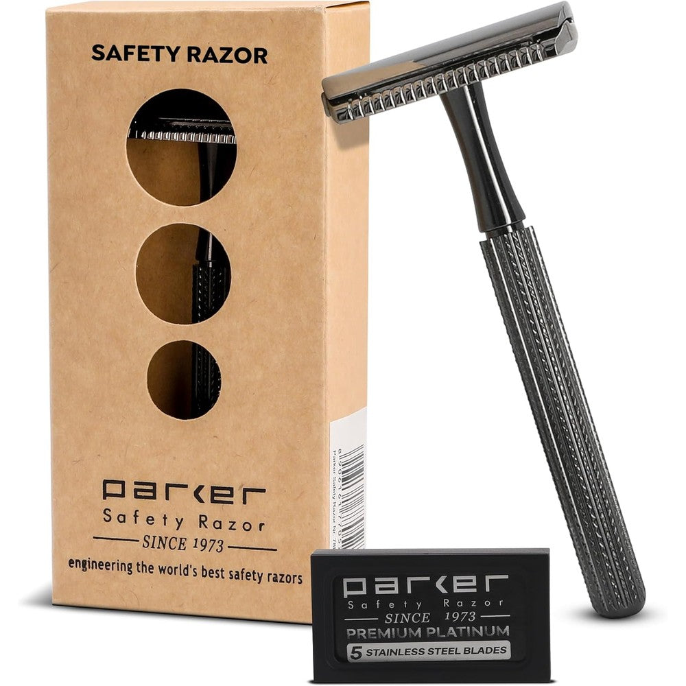 Parker Safety Razor 78R graphite double edge safety razor front view showcasing textured non slip handle