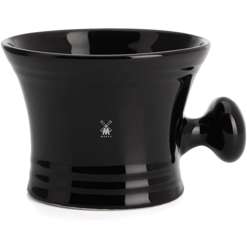 MÜHLE black porcelain platinum rim shaving mug front view for traditional wet shaving