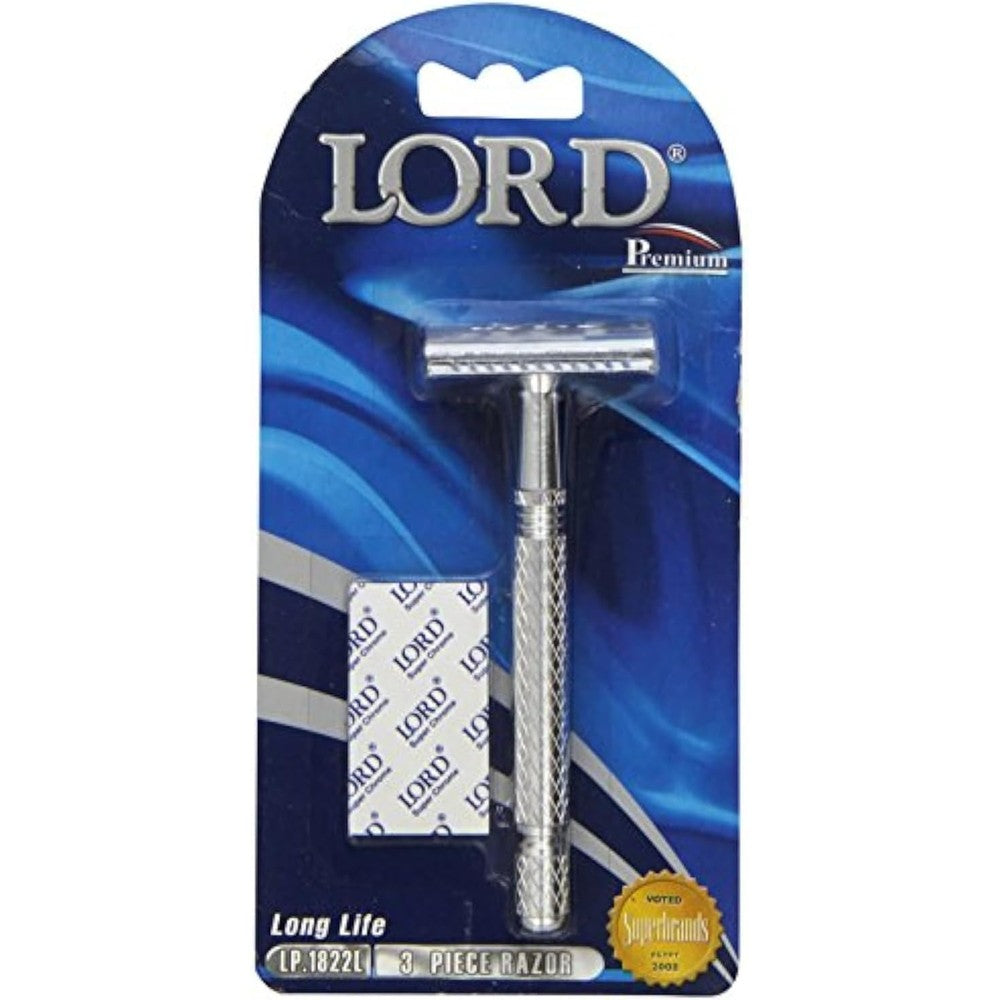 Lord Premium Safety Razor Model LP1822L L6 front view showcasing the classic chrome plated head and long textured aluminum handle.