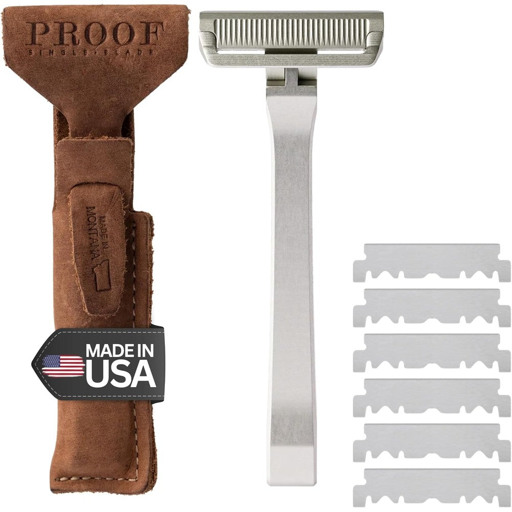 Proof Benchmark Single Blade Safety Razor front view showcasing the premium CNC machined aluminum body and grooved top cap design.