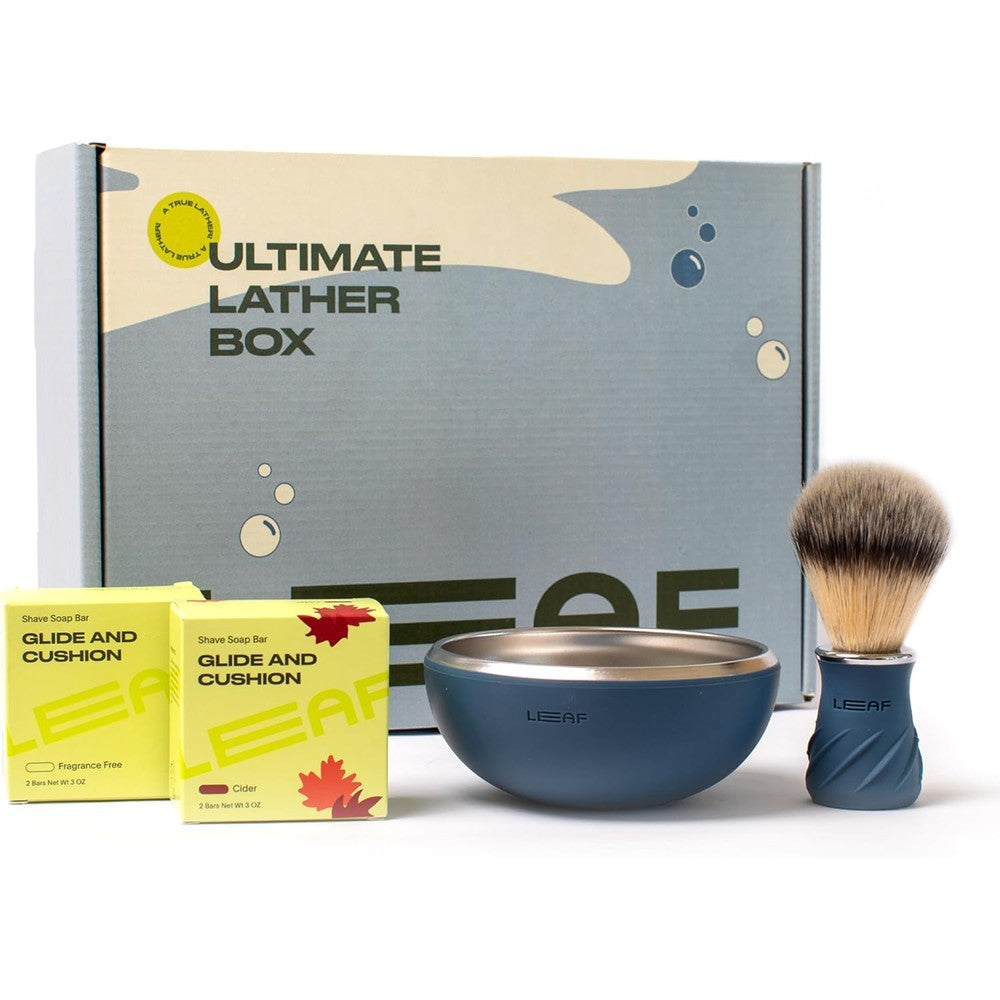 Leaf Shave Ultimate Lather Box front view showcasing the premium wet shaving kit packaging