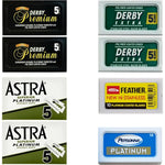 Razor Blades Club Double Edge Safety Razor Blades Sampler Pack front view showcasing the variety of four top global brands.