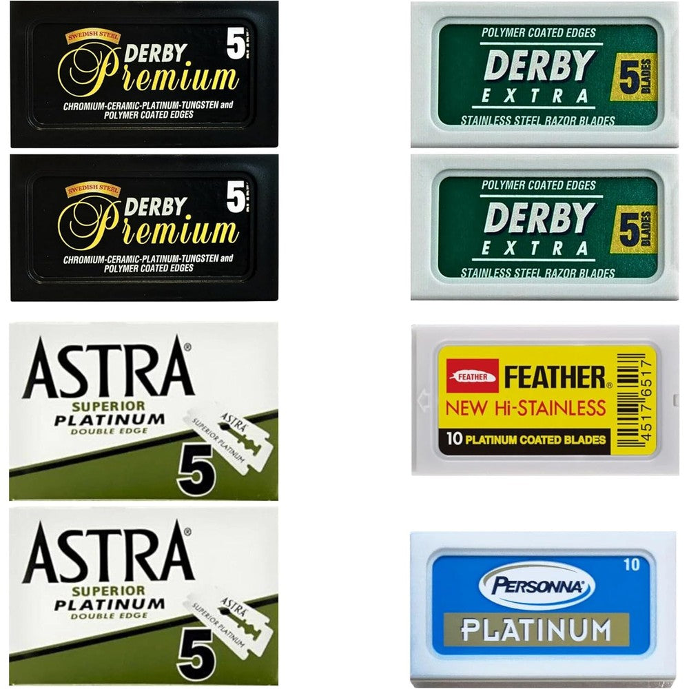 Razor Blades Club Double Edge Safety Razor Blades Sampler Pack front view showcasing the variety of four top global brands.