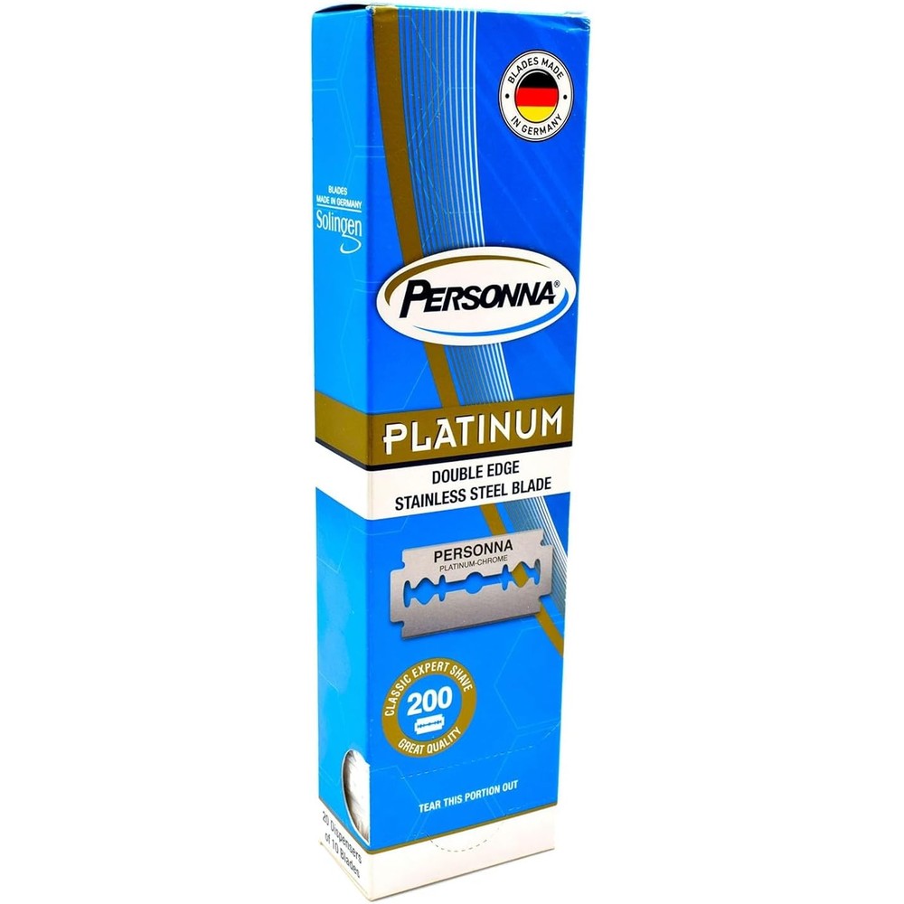 Personna Platinum Double Edge Razor Blades 200 count bulk pack front view showcasing German precision engineering.