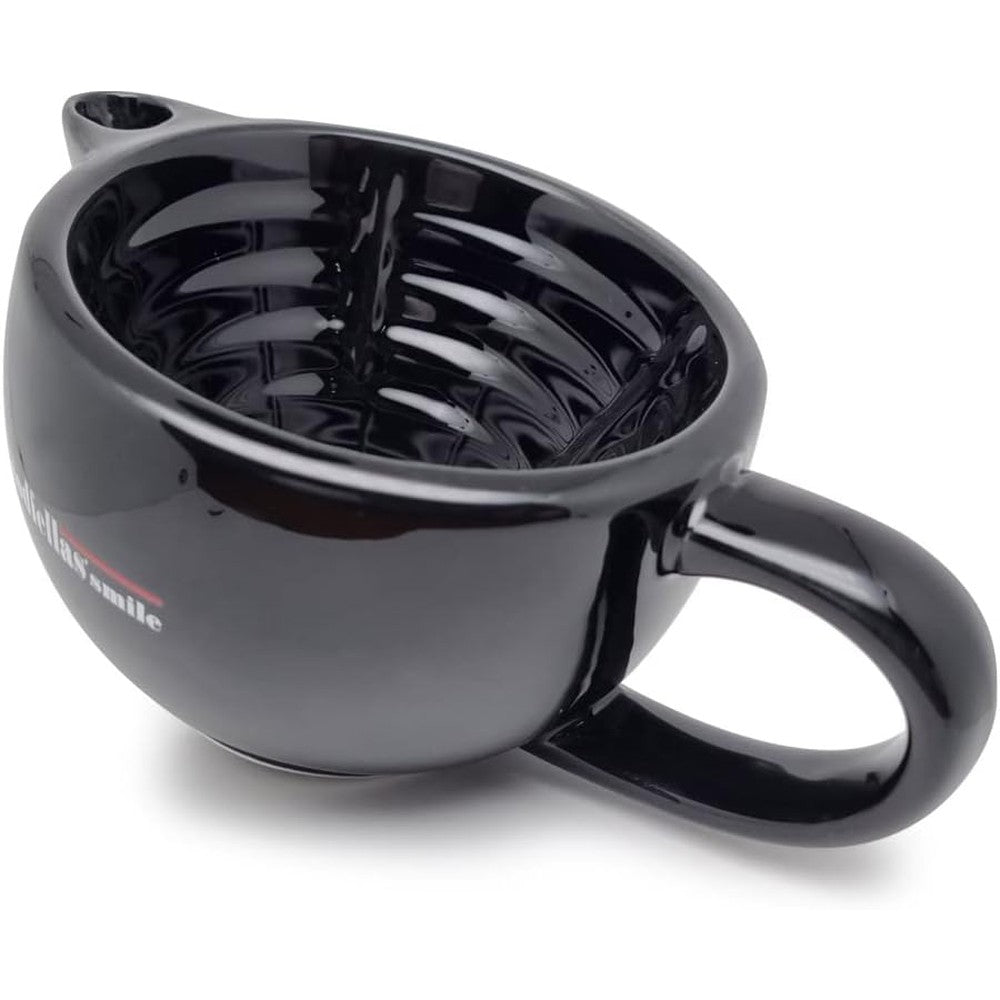 The Goodfellas' Smile Scuttle Shave Mug front view showing the premium black glossy ceramic finish and ergonomic handle.