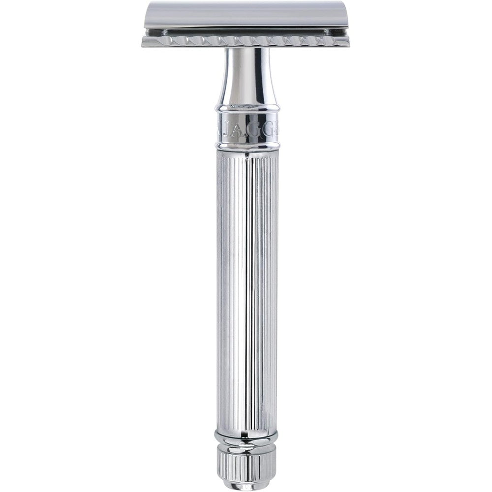 Edwin Jagger DE89LBL Classic Double Edge Safety Razor front view showcasing the premium lined chrome handle.
