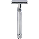 Edwin Jagger DE89LBL Classic Double Edge Safety Razor front view showcasing the premium lined chrome handle.
