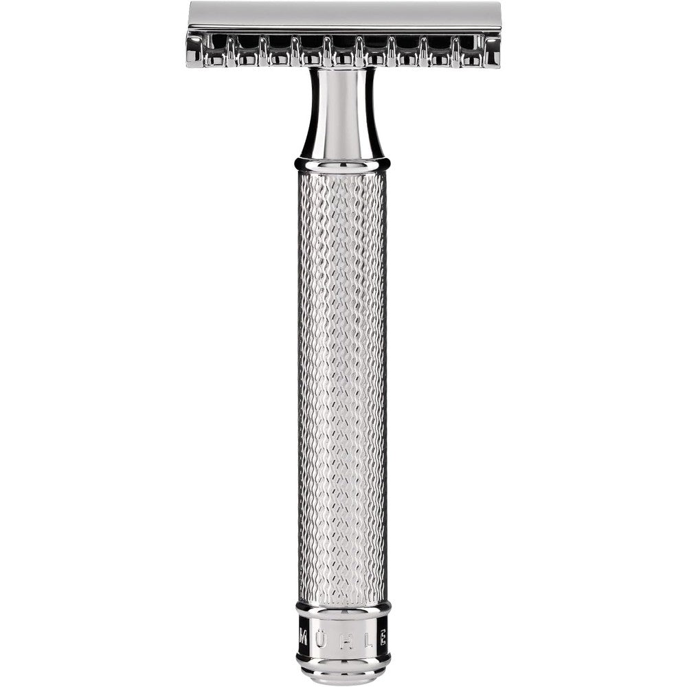 MÜHLE Grande R41 open comb safety razor front view showcasing the premium chrome finish.