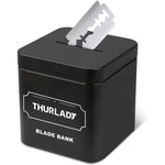 THURLADY razor blade disposal container front view showing the sleek matte black finish
