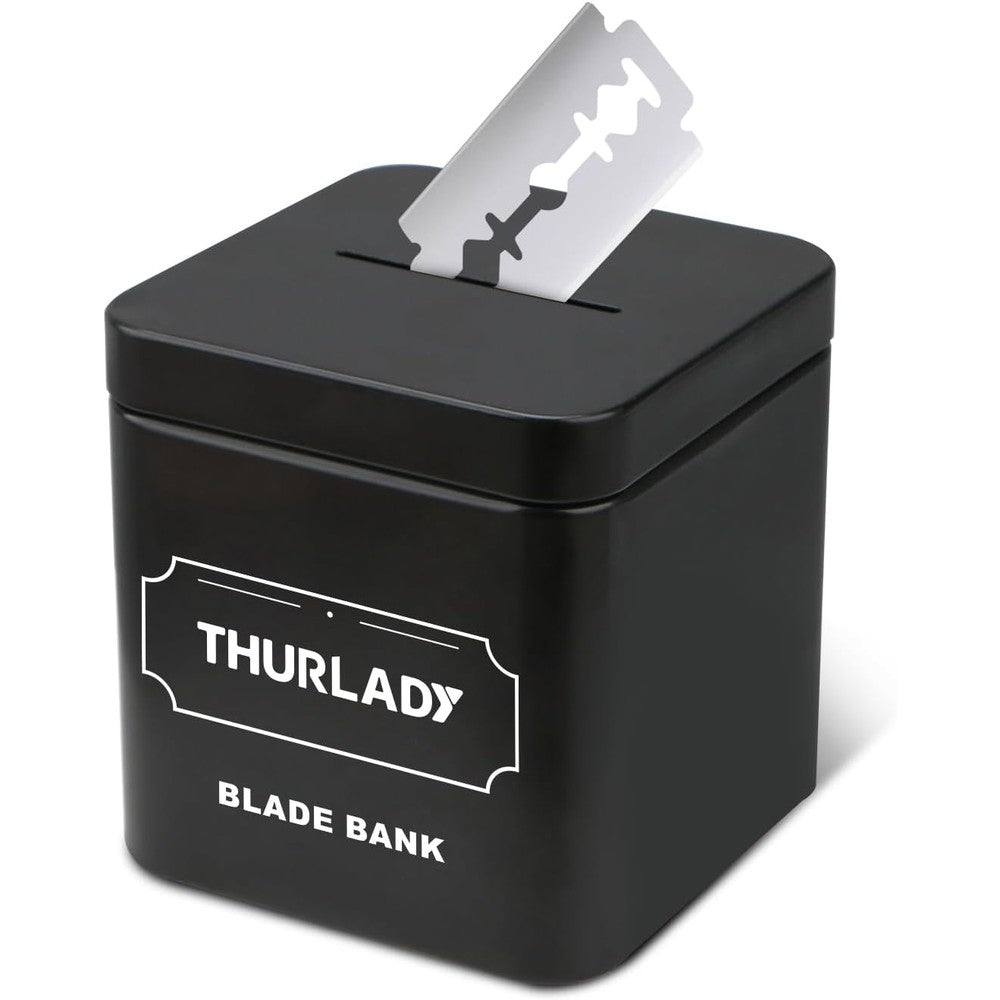 THURLADY razor blade disposal container front view showing the sleek matte black finish