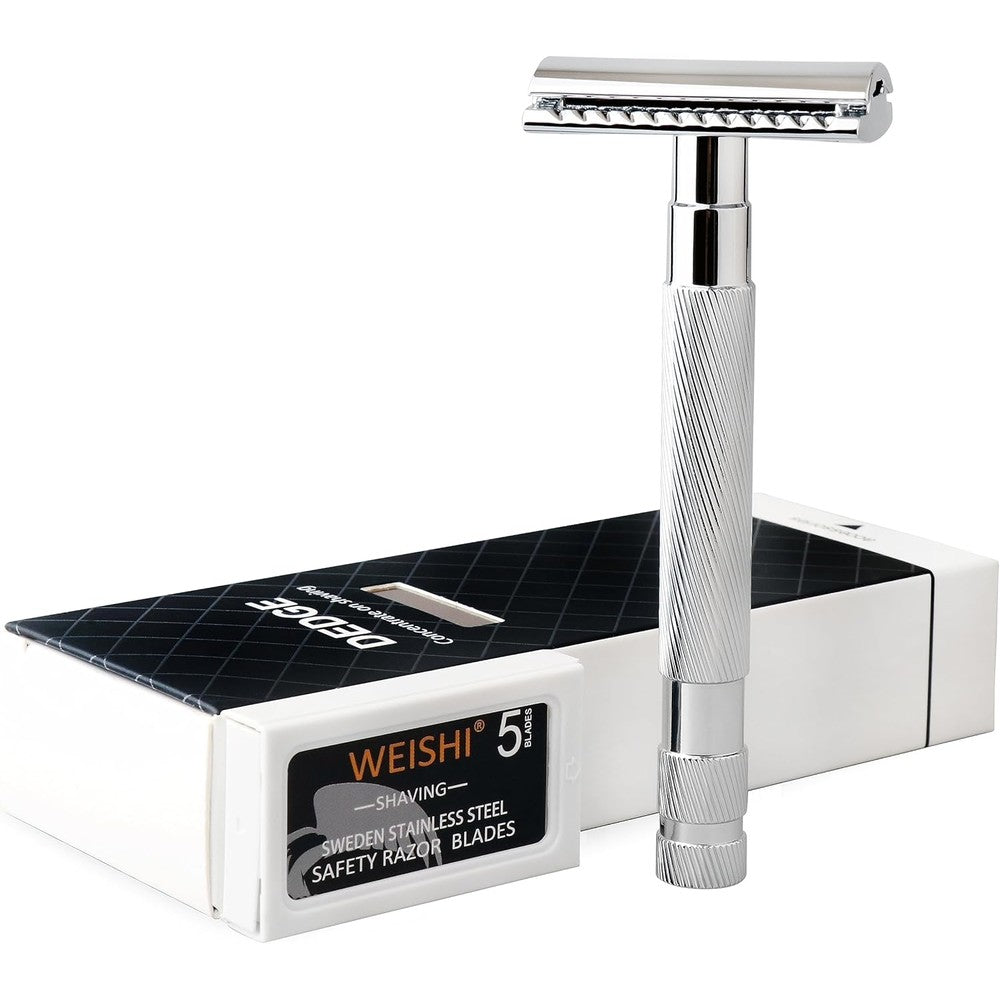 DEDGE classic double edge safety razor chrome front view premium wet shaving tool for men