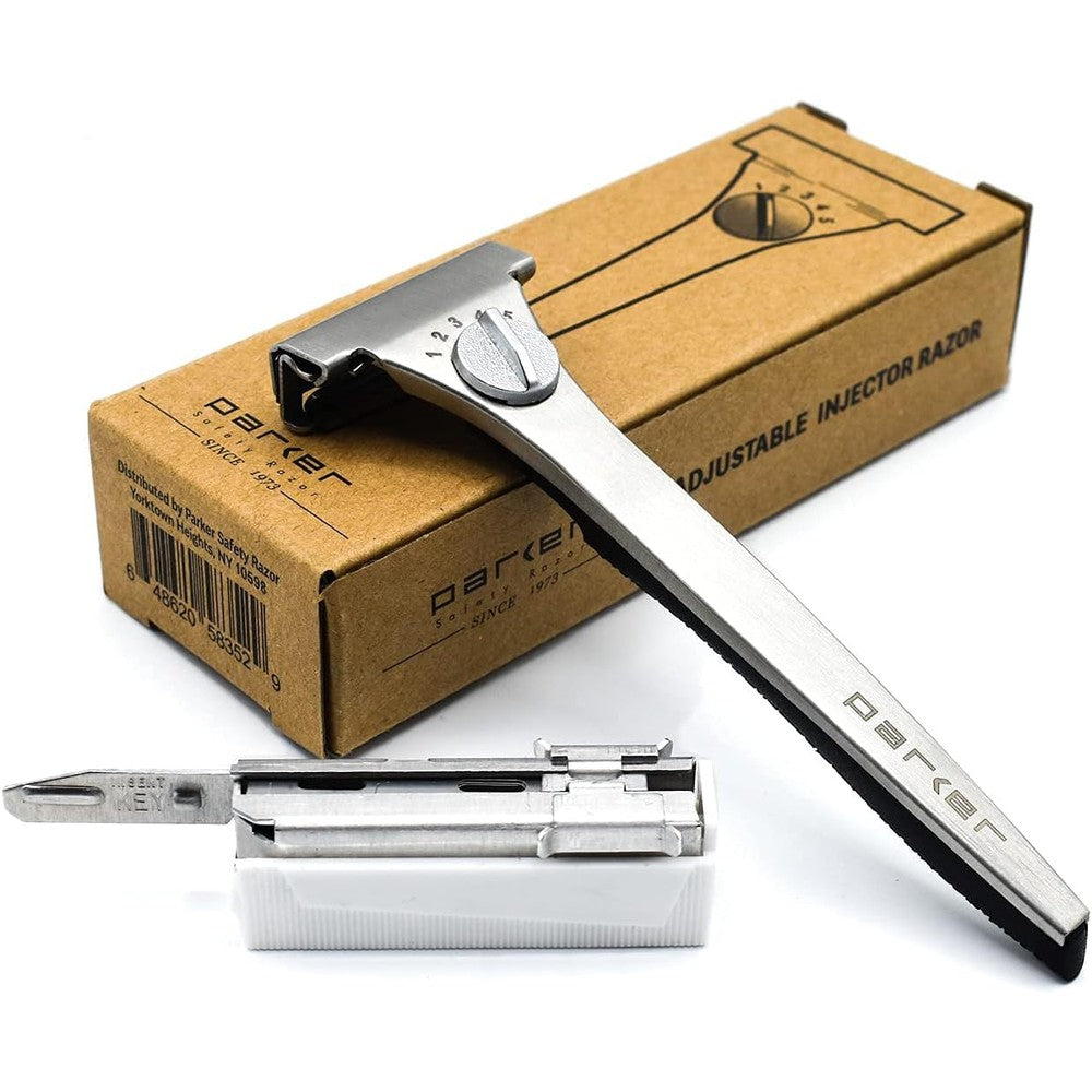 Parker Adjustable Injector Razor front view showcasing the silver adjustable dial control