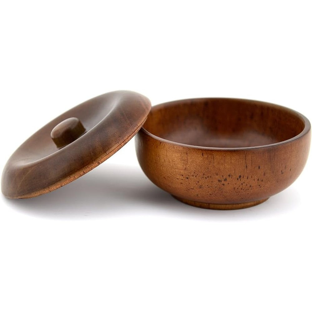 Grandslam wooden shaving bowl with lid front view showing natural brown oak wood grain pattern