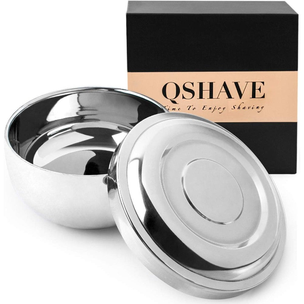 QSHAVE stainless steel shaving bowl front view with shining chrome finish for traditional wet shaving.