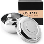 QSHAVE stainless steel shaving bowl front view with shining chrome finish for traditional wet shaving.