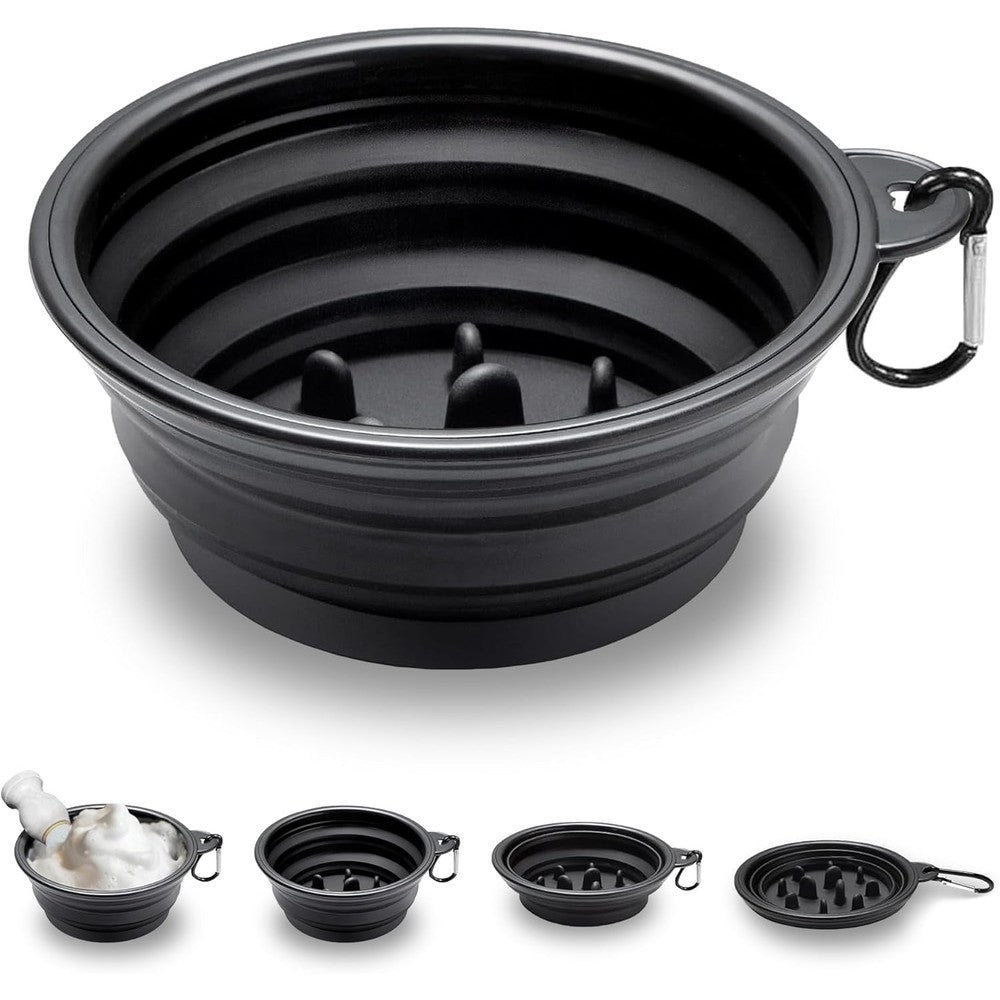 Ezcora foldable silicone shaving bowl front view showing the collapsed black design and attached carabiner clip.