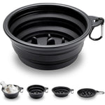 Ezcora foldable silicone shaving bowl front view showing the collapsed black design and attached carabiner clip.