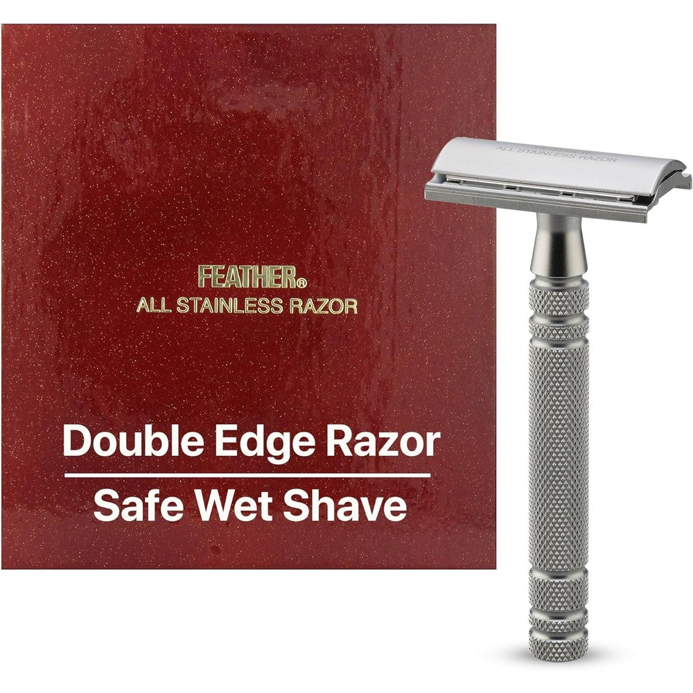 Feather All Stainless Steel Double Edge Safety Razor AS-D2 front view showing the premium satin finish and knurled handle design.