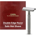 Feather All Stainless Steel Double Edge Safety Razor AS-D2 front view showing the premium satin finish and knurled handle design.