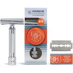 MERKUR 37C double edge safety razor front view showcasing the slanted chrome head design.