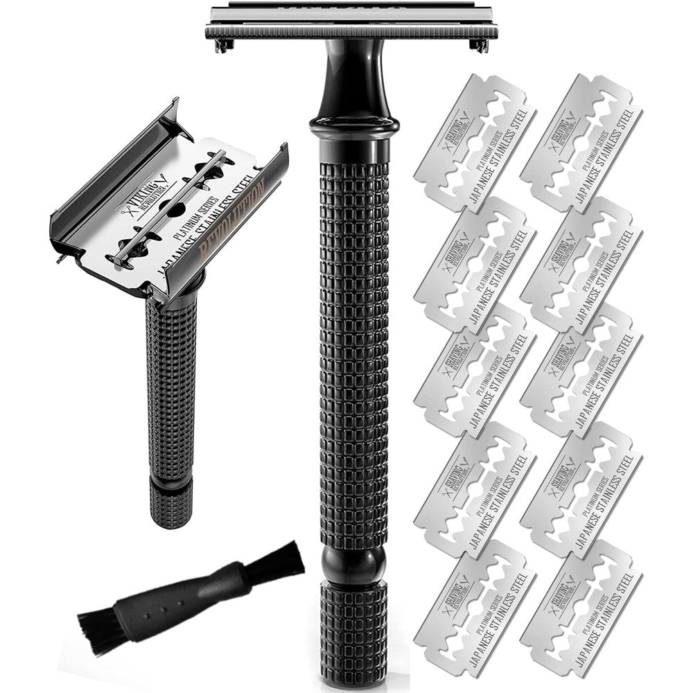 Shaving Revolution long handle double edge safety razor front view with black finish