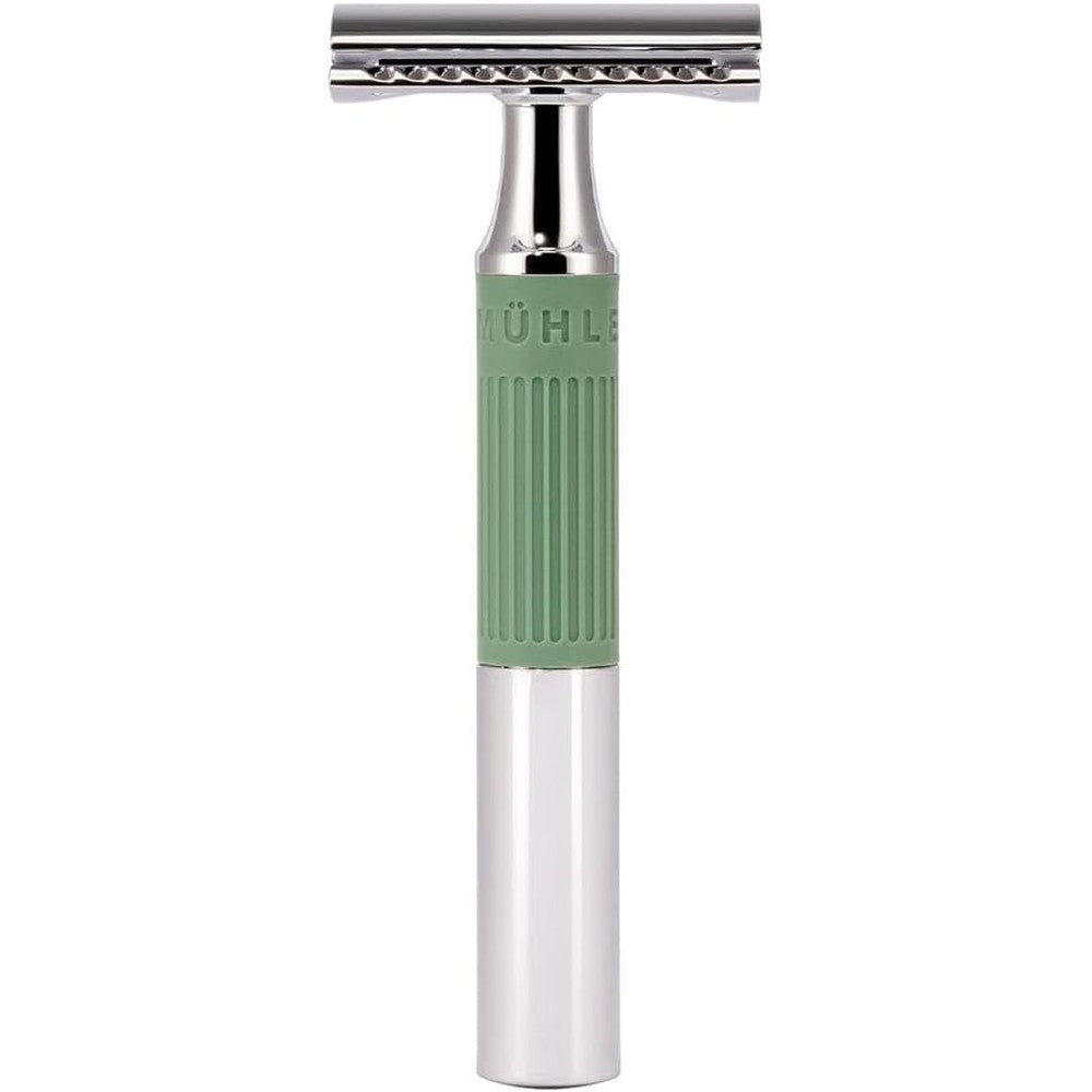 MÜHLE NEO double edge safety razor front view showing the chrome closed comb head and sage green silicone grip