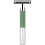 MÜHLE NEO double edge safety razor front view showing the chrome closed comb head and sage green silicone grip