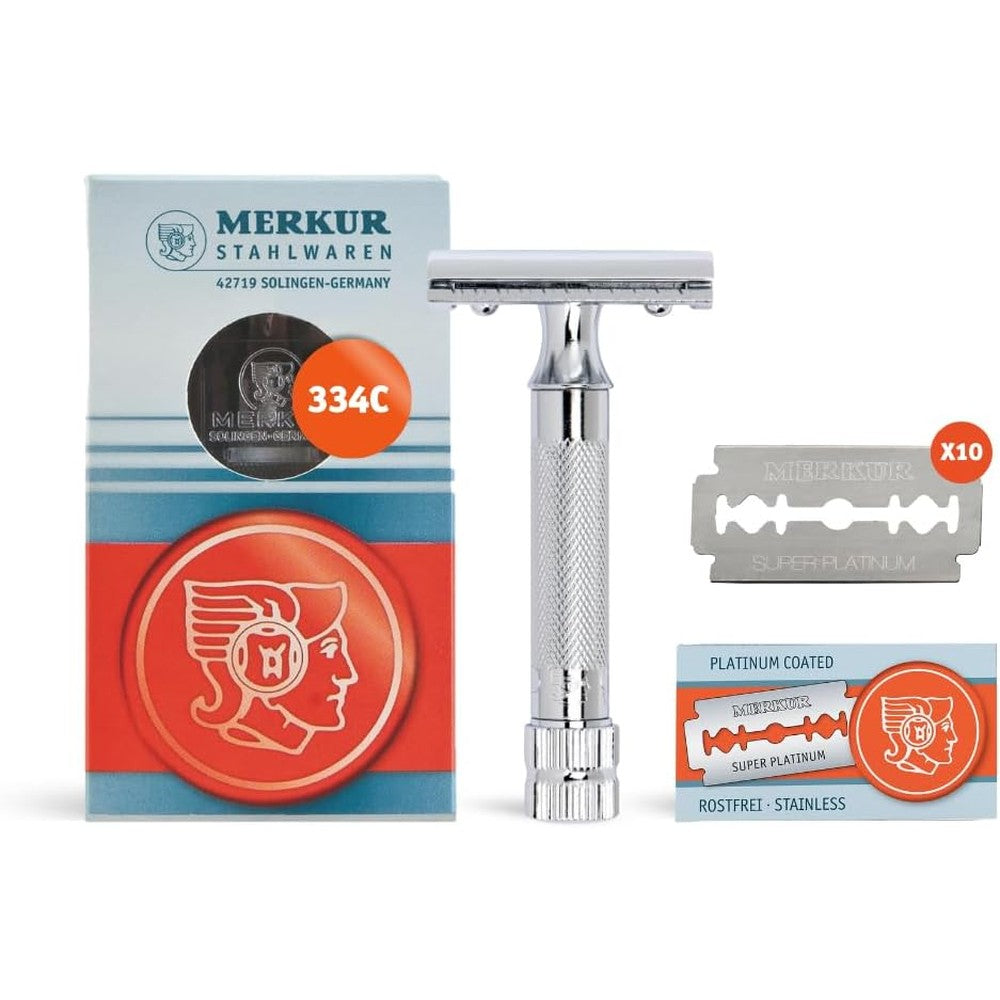 Merkur heavy duty safety razor front view showcasing short knurled handle