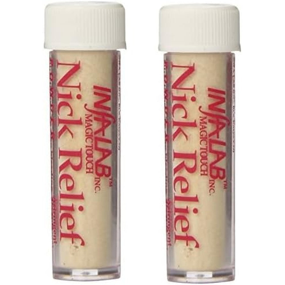 Infalab Nick Relief Styptic Powder travel size vials front view for shaving cut relief.