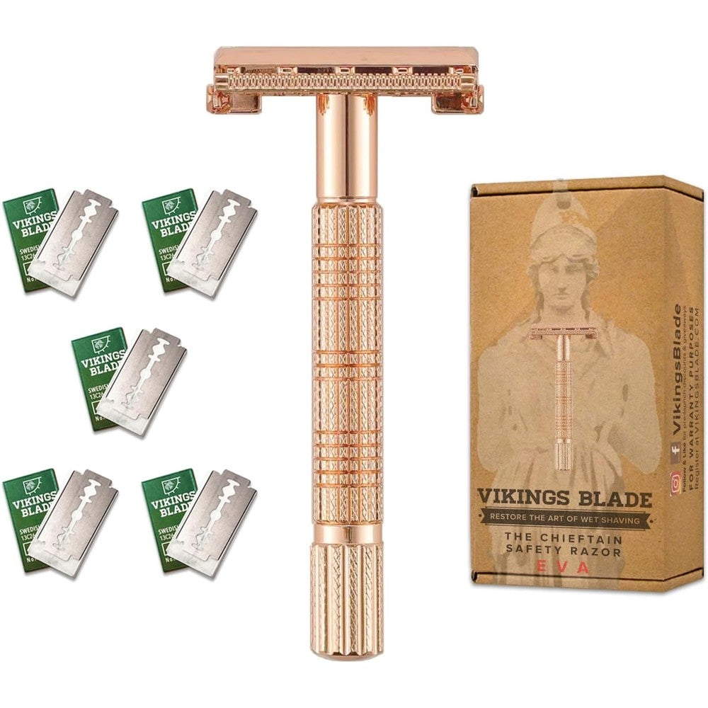 Vikings Blade Safety Razor for Women Eva front view rose gold metal razor