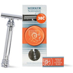 Merkur 38C double edge safety razor front view showing bright chrome barber pole handle