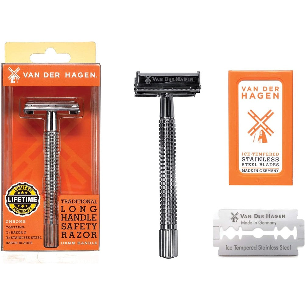 Van Der Hagen Safety Razor Kit 110MM Chrome front view showing the traditional double edge butterfly opening design.