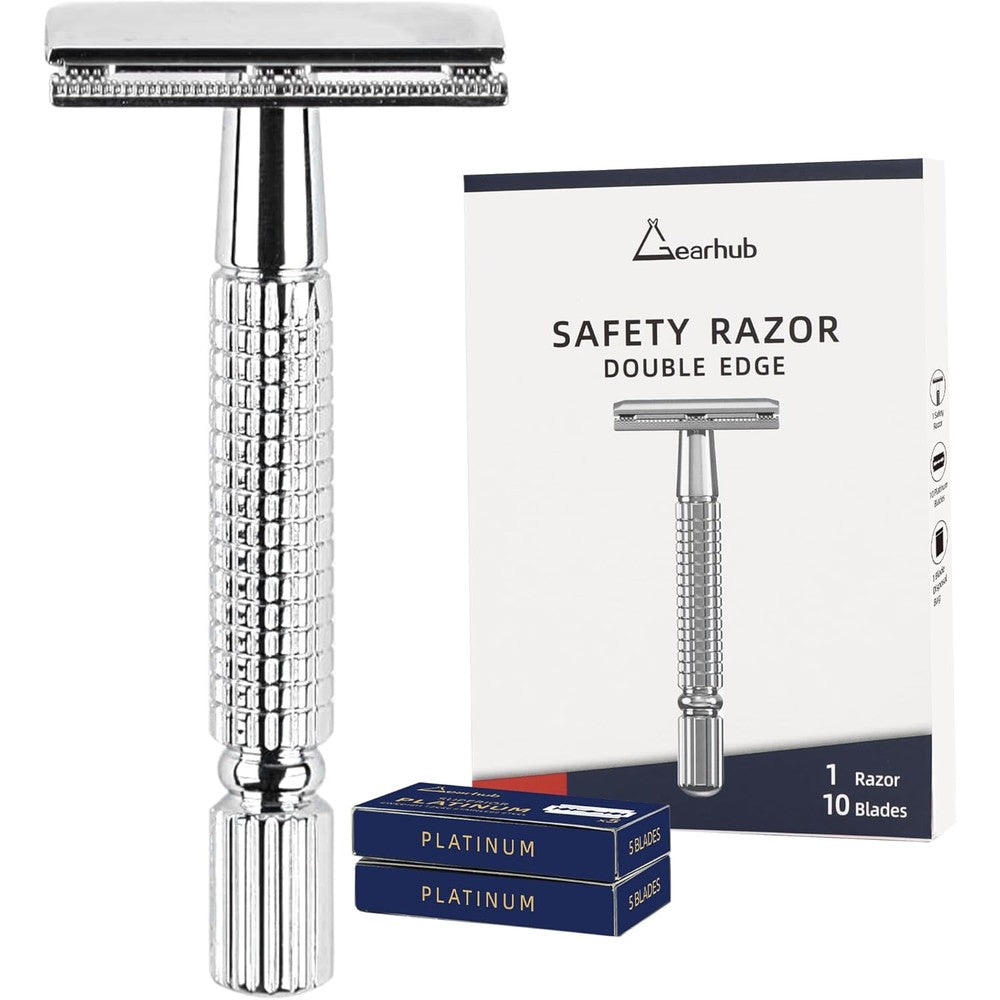 Gearhub double edge safety razor front view premium stainless steel wet shaving tool.
