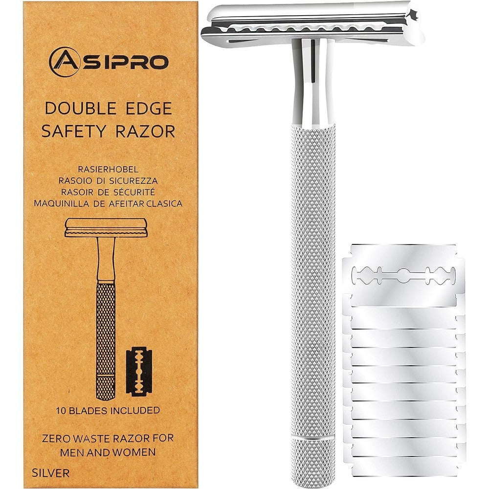 ASIPRO safety razor kit front view showcasing silver textured handle