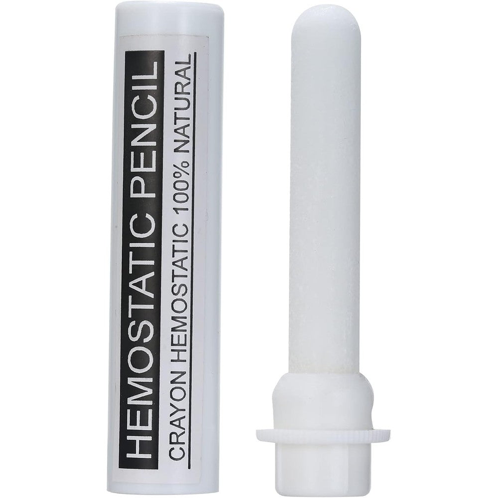 Ubervia pen type styptic pencil front view showing white alum crystal stick for shaving cuts.