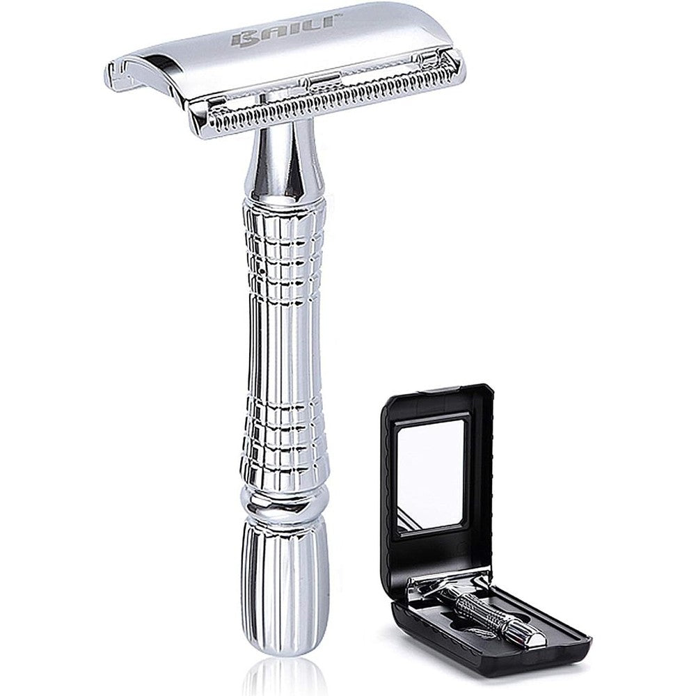 BAILI Classic 3 Piece Double Edge Safety Razor front view in polished silver finish