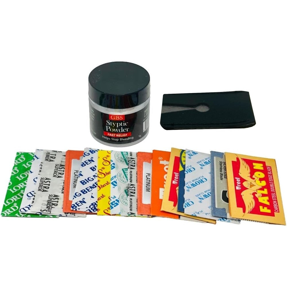 G.B.S. Styptic Powder Jar and razor blade set front view