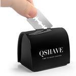 QSHAVE blade disposal case front view sleek black steel safety razor storage bank on bathroom counter