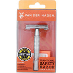 Van Der Hagen Traditional Safety Razor Kit front view showing the chrome handle and replacement blades packaging