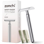 ZOMCHI Double Edge Safety Razor Noble Silver front view premium metal shaving kit