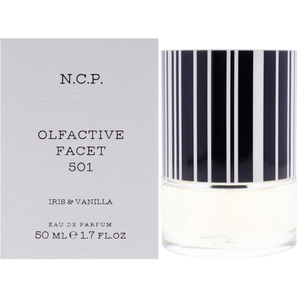 N.C.P. Olfactives Facet 501 Iris and Vanilla Eau de Parfum front view showing the signature black and white striped cap.