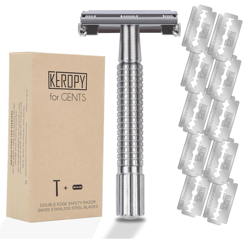 Keropy double edge safety razor front view with silver butterfly mechanism