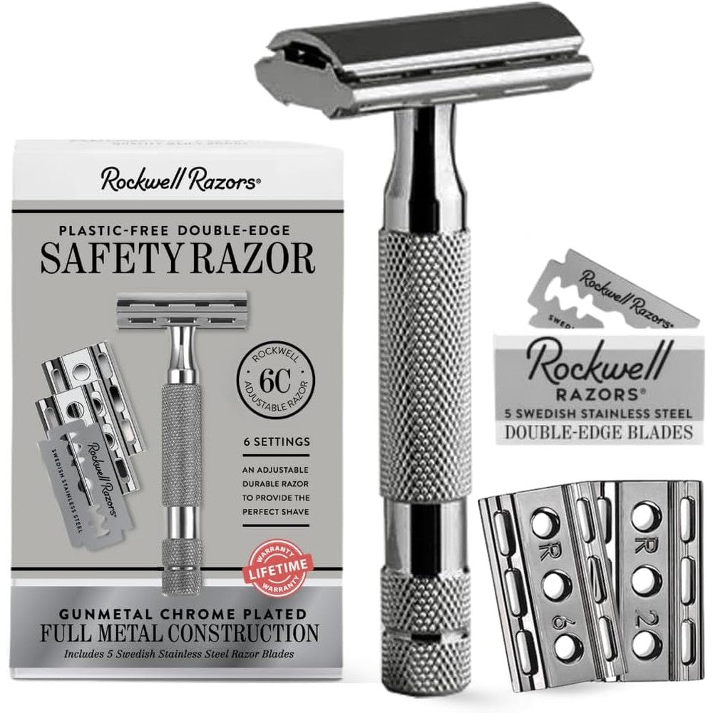 Rockwell Razors 6C gunmetal chrome adjustable safety razor front view showcasing premium metal finish.